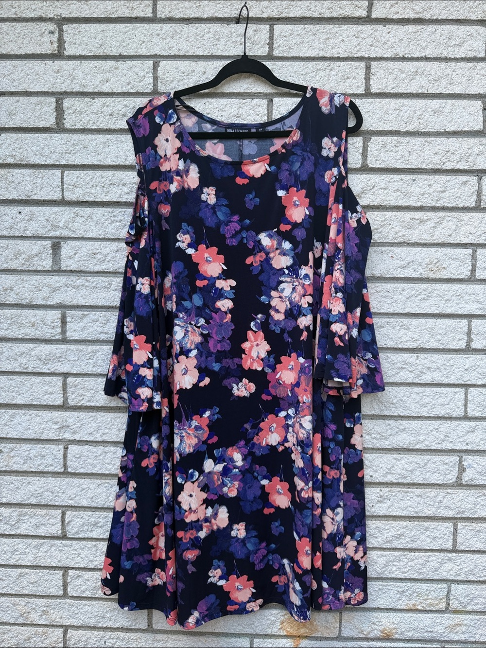 Nina Leonard Navy Floral Cold-Shoulder Midi Dress with Pink Accents